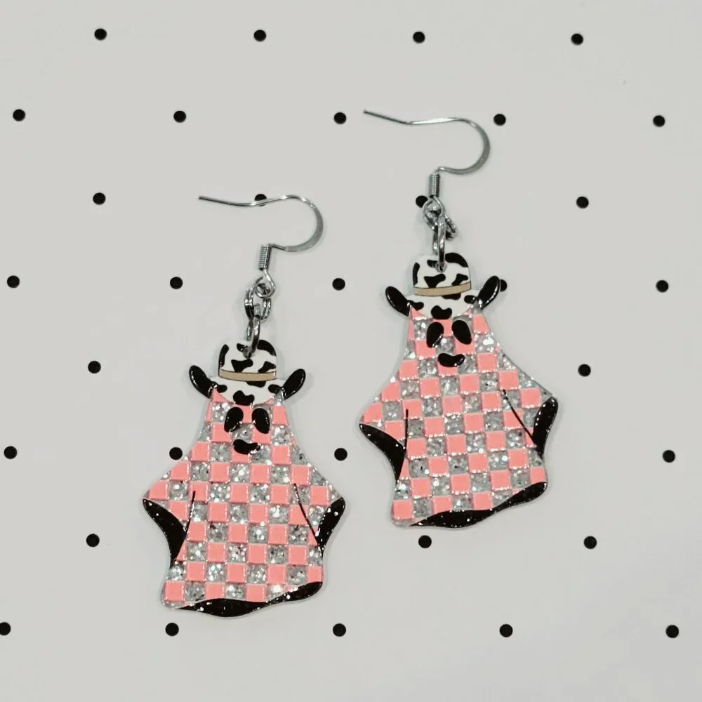 Pink Checkered Cowboy Ghost Earrings Stainless Steel Hooks Western Halloween NEW - Picture 1 of 7